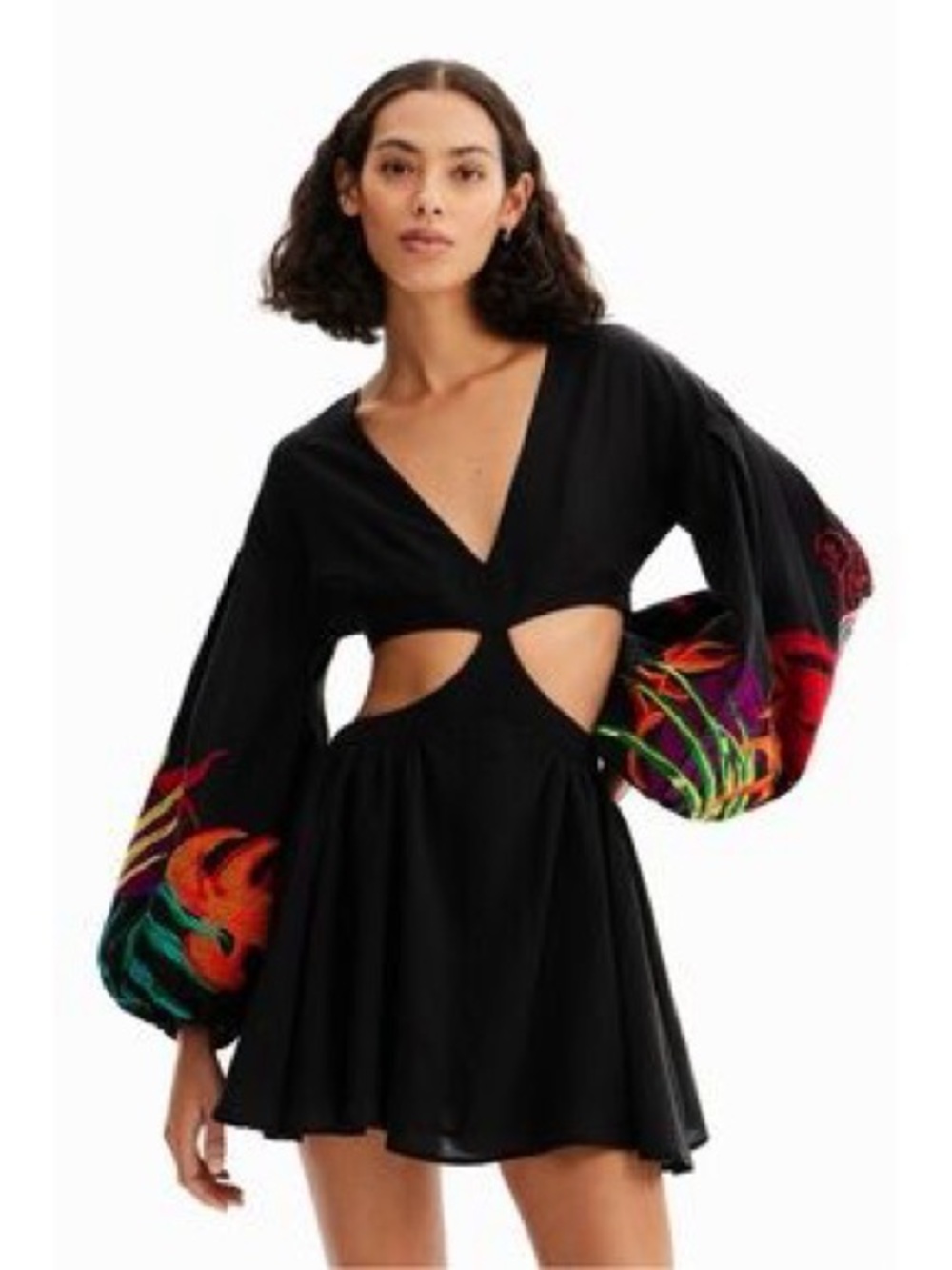 NWT Desigual x Stella Jean Black Cut Out Dress with embroidered balloon sleeves